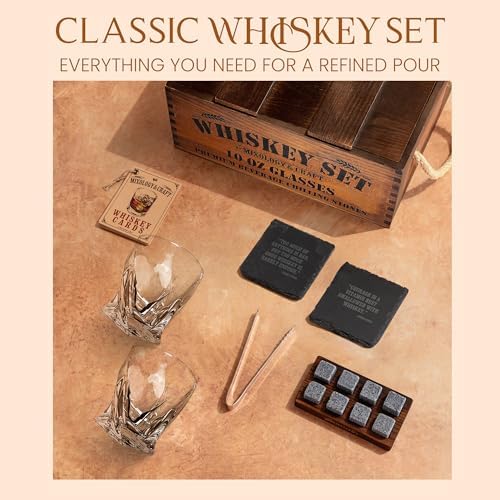 Mixology & Craft Premium Whiskey Set | Two 10oz Cystal Old-Fashioned Glasses, 8 Granite Chilling Stones, Metal Tongs, Recipe Cards in Rustic Wooden Crate Gift Set | Jameson Whiskey