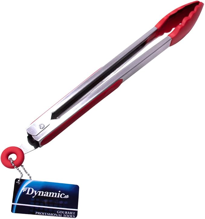 Dynamic 12" Locking Tongs With Silicone Heads, Red