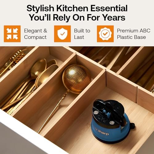 AnySharp – Editions – Hands Free Knife Sharpener - Easy to Use Sharpening Tool with PowerGrip Suction Base and 20-Degree Pre-Set Angle - for All Knives: Chef's, Serrated, and Hardened Steel - Blue