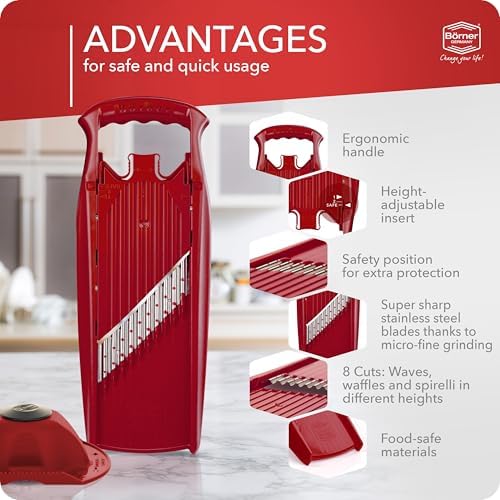 Börner by Reston Lloyd Wave-Waffle Power Line • Crinkle Cut/Spirelli Vegetable Slicer & Food Safety Holder • Slicer for Wave Waffle Cut Style • Multiple Thickness Options • Made in Germany, Red
