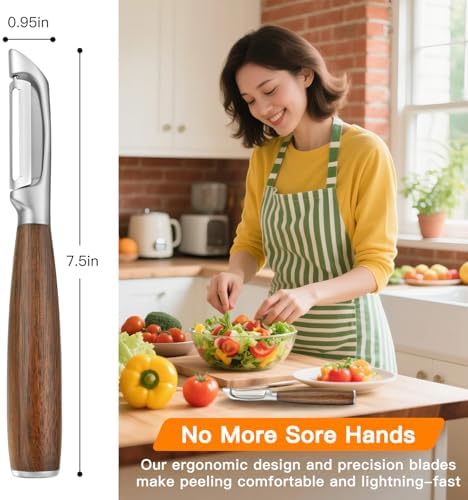 JUSEEPO Premium Vegetable Peeler, I Type Swivel 304 Stainless Steel Blade Comfortable Solid Wood Handle, Practical Gift for Restaurant Baking Chef Woman for Veggie, Fruit, Potato(Merbau)