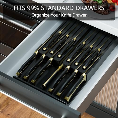 Domax Bamboo In-Drawer Knife Block - Kitchen Drawer Organizer Insert, Steak Knife Holder without Knives, Fits 12 Knives and 1 Sharpening Steel (Not Included), Black
