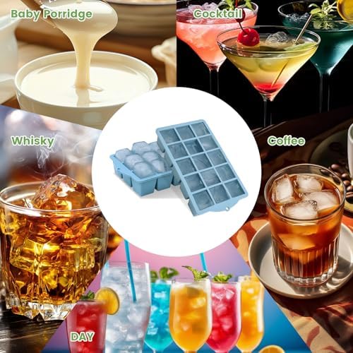FANYITY Silicone Ice Cube Tray with Lid, Blue, Pack of 2 Ice Cube Moulds, Silicone Mould, BPA-Free, Stackable Ice Cube Tray, Ice Cube Trays for Baby Porridge, Cocktail, Whiskey, Coffee