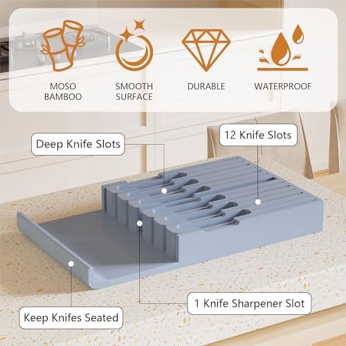 Domax Knife Drawer Organizer Insert Bamboo for 12 Knives, Gray