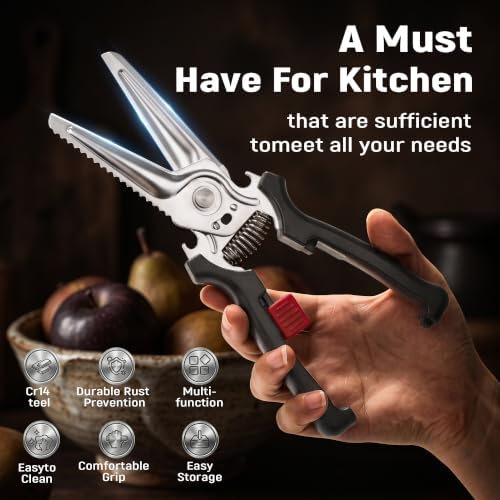 Kitchen Scissors – Multi-kitchen shears use for Poultry/Meat/Fish, w/Bottle Opener, Safety Lock, Non-Slip, Dishwasher-safe