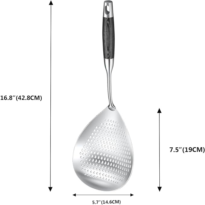 KAYCROWN Skimmer Slotted Spoon, 16.8 Inch 304 Stainless Steel Skimmer Ladle Spoon Spider Strainer for Cooking and Frying, Pasta Strainer Frying Spoon for Kitchen, Black