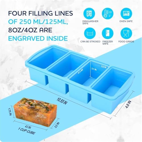 ZIP STANDING Silicone Freezer Trays with Lid,1-cup Soup Freezer Container large Ice Cube Molds with Reinforced Steel Ring Top for freezing Soup Sauce Broth Leftovers oven Dishwasher -Safe(3-Pack)