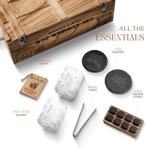 Mixology & Craft Whiskey Gift Set - Includes 2 Lead-Free Crystal Glasses, 8 Granite Chilling Stones, 2 Slate Coasters, Metal Tongs & Recipe Cards with a Wooden Army Crate Box