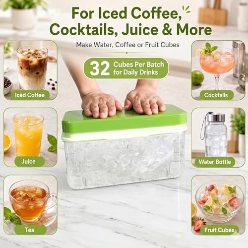Ice Cube Tray with Lid and Bin - 32-Cube BPA-Free Silicone Ice Mold Set - Easy Press-Release, Compact Single-Layer Design, No-Spill, Odor-Resistant, Ice Scoop Included - Perfect for Freezers, RVs