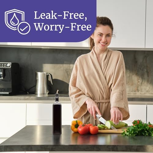 Infinity Jars Black Ultraviolet Square Glass Oil Bottle 1L (34 fl oz) w/Plastic Pour Spout, Airtight Round Easy Refill Vinegar Cruet Cooking Oil Dispenser Bottle, Olive Oil Bottle for Kitchen 10-Pack
