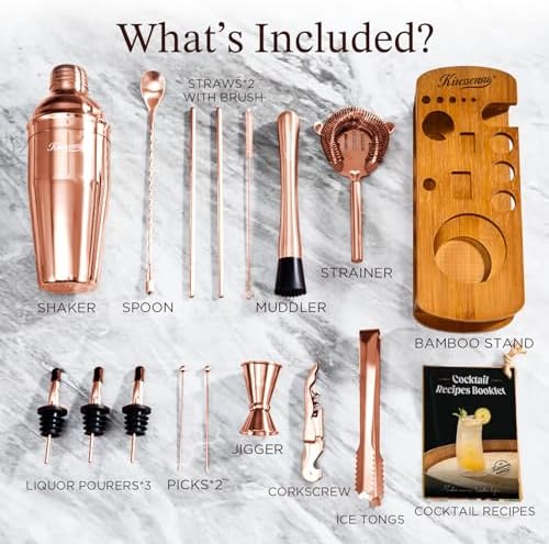 KITESSENSU Cocktail Shaker Set Bartender Kit with Stand - Drink Mixer Bar Set with All Essential Bar Accessory Tools - Martini Shaker Jigger Strainer Mixer Spoon Muddler Liquor Pourers - Rose Gold