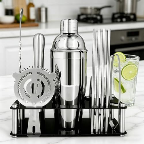 14-Piece Cocktail Shaker Set with Stand, Bartender Kit, 25oz Shakers, Bar Set Cocktail Shaker Set, Jigger for Bartending Kit, Drink Mixer Set, Cocktail Set Recipes Booklet Home, Bar, Party (Silver)