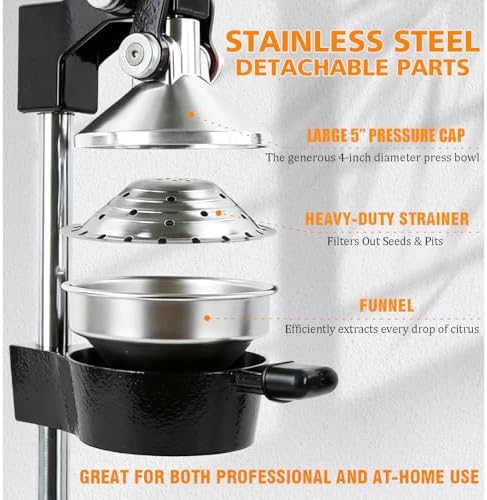 Kitchen Cast Iron Juicer - Easy-to-Clean Heavy-Duty Manual Juicer, Professional Citrus Juicer - Stainless Steel Lemon Squeezer - Manual Citrus Press & Orange Squeezer - Orange Juicer (Black)