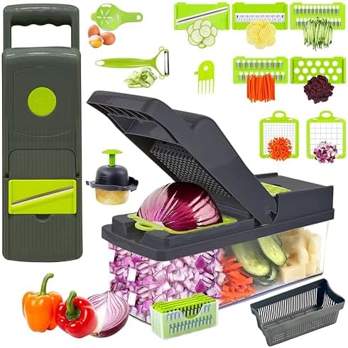 Vegetable Chopper 16 in 1- Multifunctional Food Chopper with 7 Blades- Mandoline Slicer, Dicer, Cutter, Peeler & Grater for Onion, Potato, Salad, Carrot, Garlic with Drain Basket & Container