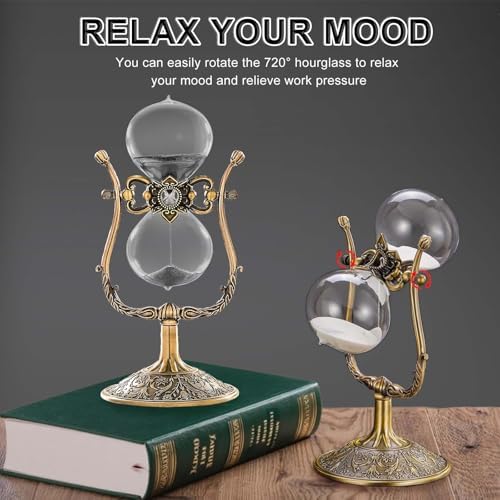 Vintage Engraving 30 Minute Hourglass, Rotating Sand Timer Clock, Unique Metal Sand Watch 30 Min, Antique Brass Hour Glass Sandglass for Home, Desk, Office(Black)