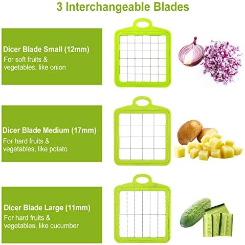 TeqHome Vegetable Chopper, Quick Potato Tomato Fruit Cutter Onion Slicer Set w/3 Blades Stainless Steel Food Chopper