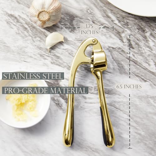 Kitessensu High Effective Garlic Press With Studs, Heavy Duty Garlic Mincer, Easy to Squeeze and Clean, Rust Proof, Ginger Crusher - Golden