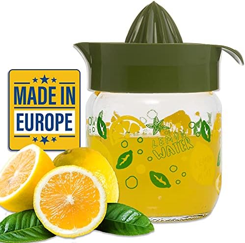 Crystalia Manuel Citrus Juicer with Glass Storage Jar, All Fruit Squeezer for Lemon Orange Lime Grapefruit Juice, Handheld Juice Press Extractor with Handle, Pour Spout and Glass Storage (Green)