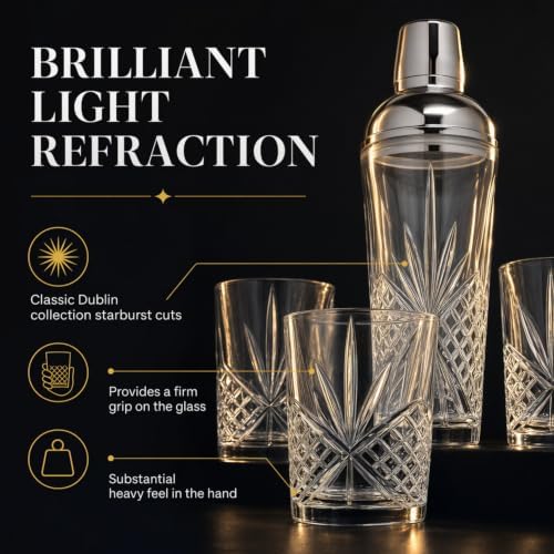 Godinger Martini Shaker Cocktail Shaker with 4 Old Fashioned Whiskey Glasses Barware Set, Dublin Dollection
