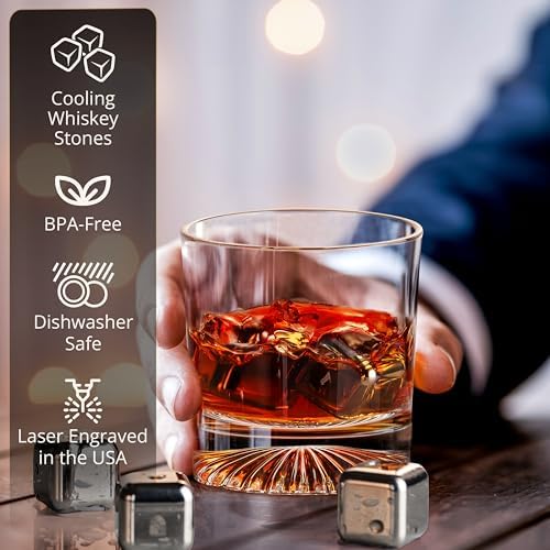 Whiskey Gift Set, Glass, Leather Coaster, Stainless Steel Stones, Box