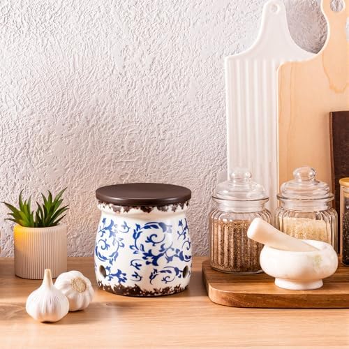 Honeydak Blue and White Porcelain Garlic Keeper with Lid 4.2" x 4" Ceramic Garlic Container for Counter Storage Countertop Holder Breathable Design for Chili Ginger Modern Farmhouse Home Kitchen Decor