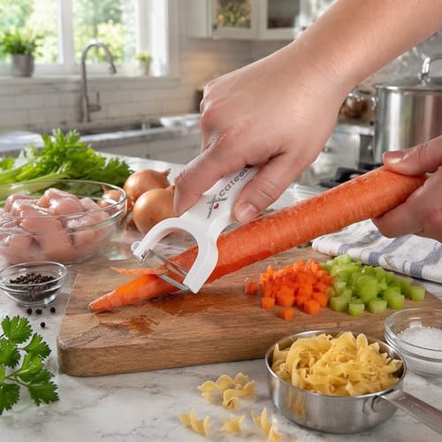 CatCora Swiss-Style Peeler, Professional German Tempered Stainless Steel Blade For Peeling Fruits and Vegetables and Garnishing, Ergonomic Contoured Handle, White