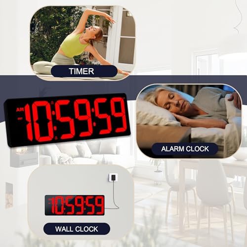TXL 17.2" Bluetooth Digital Wall Clock with Seconds, Large Countdown Timer for Classroom Home Gym Kitchen Office, Alarm Clock with Remote Control, 4 Dimmable Brightness, Auto DST (Red)