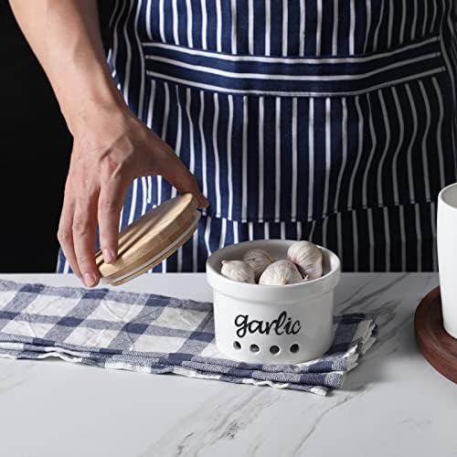 Garlic Keeper with Lid, Ceramic Garlic Saver Container for Countertop, Farmhouse Kitchen Decor