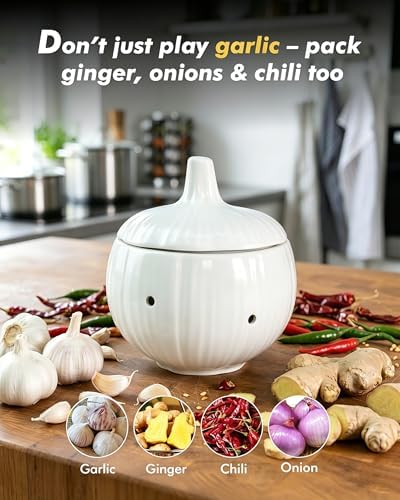 Ceramic Garlic Keeper, White Garlic Storage Jar with Vent Holes, Keeps Garlic Fresh Longer, Kitchen Counter Organizer