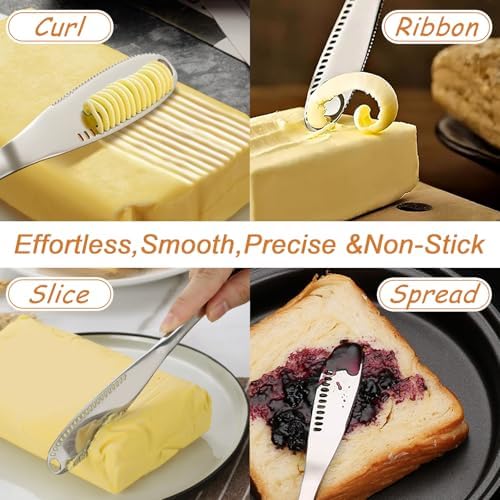 Stainless Steel Butter Slicer Cutter with 2 Butter Knives – Hand Held Ergonomic Butter Cutter for Stick Butter & Soft Cheese, 3 in 1 Easy Butter Spreader Knife for Cold Butter Slicing & Spreading