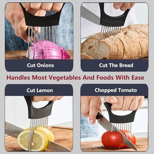 Upgraded Stainless Steel Lemon Slicer Onion Cutter, Onion Holder for Slicing, Vegetable Cutter Kitchen Chopper Slicing Assistant Tool for Potato and Tomato Avocados Eggs Meat (1, Black Grey)
