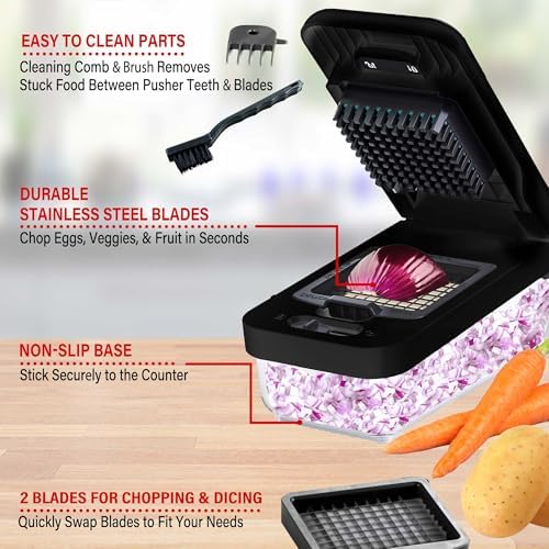 Brentwood Food Chopper and Vegetable Dicer with Storage Container and Stainless Steel Blades (Stainless Steel Black)