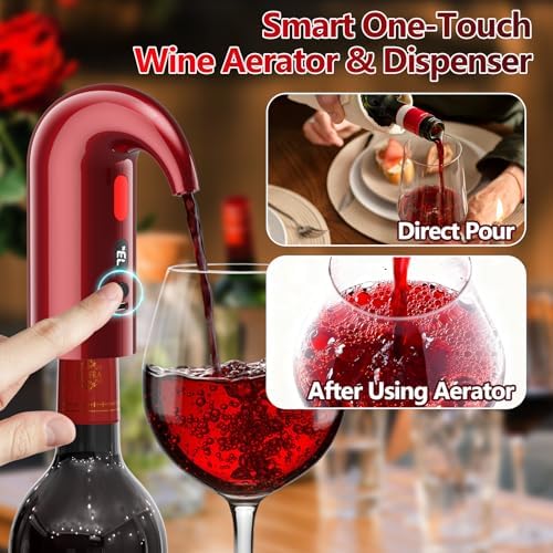 Fathers Day Gift Electric Wine Aerator & Dispenser – 1-Touch Instant Aeration, Precision Pouring & Temp Display – USB Rechargeable Gift Edition for Parties, Holidays & Wine Lovers (Red)