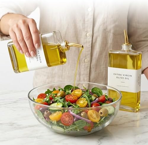 SAVVY & SORTED Glass Olive Oil Dispenser Bottle Set for Kitchen, 2PK Oil and Vinegar Dispenser Set with Gold Pourers and Labels, Cooking Oil Bottles for Kitchen Counter Decor, Set of 2