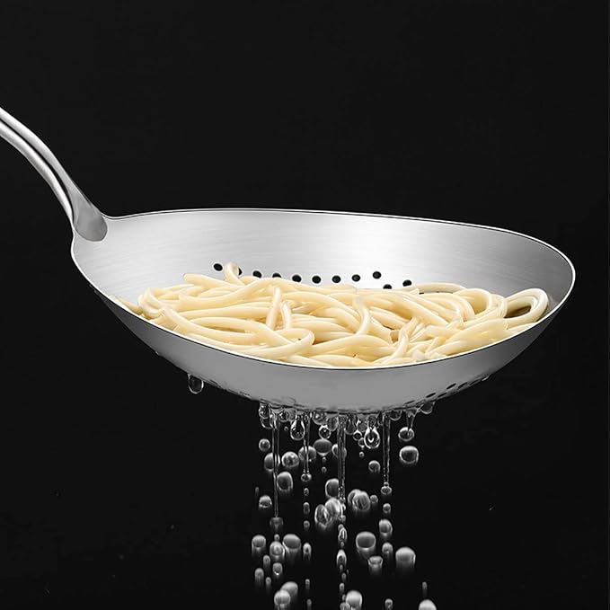 SiXi SS 304 Stainless Steel Kitchen Skimmer Slotted Spoon,Strainer Ladle with Handle for Pasta,Spaghetti,Frying Food and noodles Colander