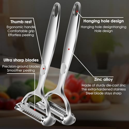 2PCS Julienne Peeler Vegetable Peeler Set, 2-in-1 Potato Peeler for Kitchen, Stainless Steel Dual Blade Y Peeler for Carrot Cucumber Citrus, Left & Right Handed