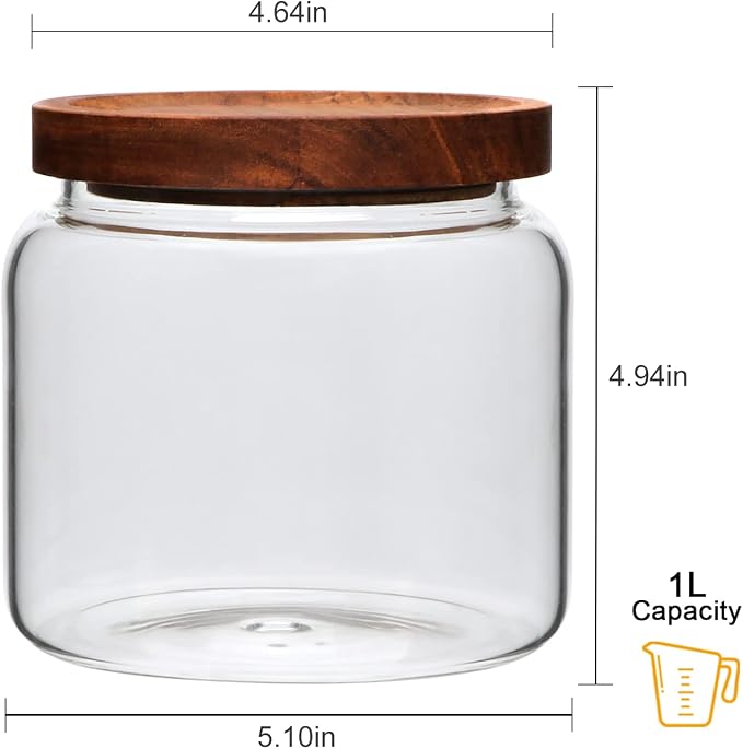 33oz 4pack Glass Food Storage jars with Wooden Lids,Glass Canisters | Glass Pantry Storage Containers Sets for Sugar,Tea,Coffee,Snack,Spice,Herbs,Cookie