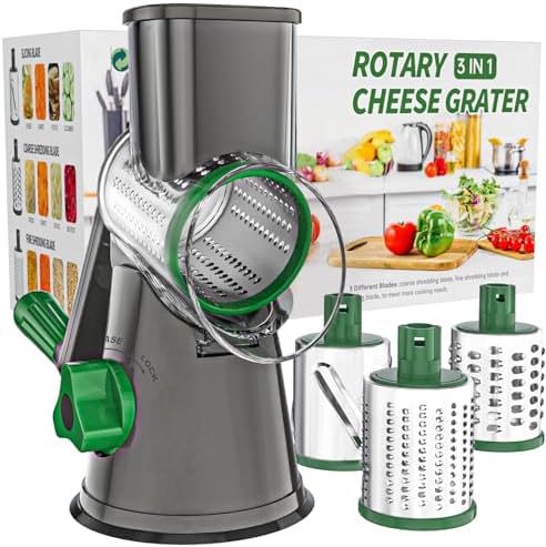 Cambom Rotary Cheese Grater Hand Crank Cheese Shredder for Fresh Cheese, Vegetable, Nuts,Non-slip Suction Base, Three Blades, Gray Green