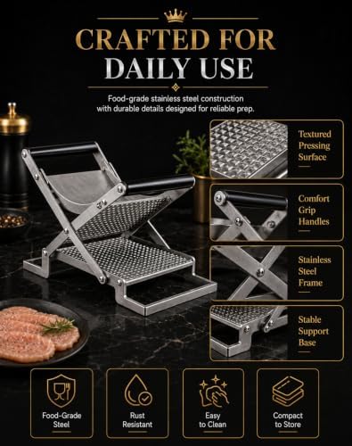 Manual Schnitzel Press Machine, Stainless Steel Clamp-On Meat Tenderizer & Chicken Cutlet Flattener for Beef, Pork, Steak and Patty Prep
