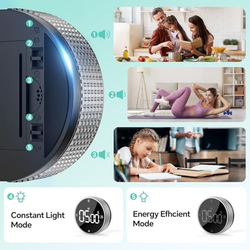 Digital Kitchen Timer with Magnetic, Large LED Display Countdown/Countup Timer, Pomodoro Preset 5/15/25 Mins, Volume & Brightness Adjustable for Cooking Baking Working Studying Silver