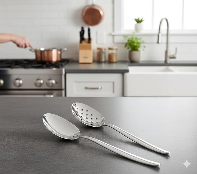 2 Pack 8 inch Kunz Small Regular and Perforated Sauce Spoon Set | 18/10 Stainless Steel Silver Chef Spoon ideal for drizzling sauces, plating desserts, Dishwasher safe