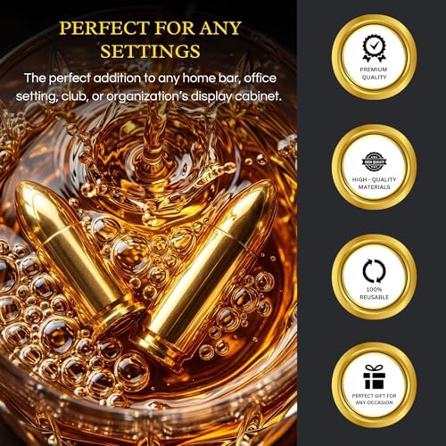 Whiskey Stones Bullets Stainless Steel with Wooden Gift Box - 1.75in Bullet Chillers Set of 6 Inside Realistic Revolver - Made with Premium Stainless Steel, Large Whiskey Chillers Rocks (Gold)
