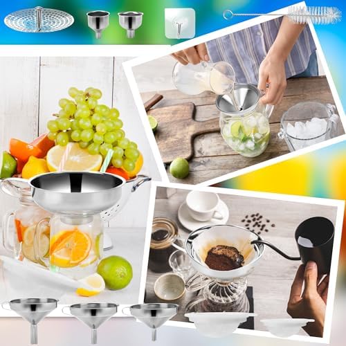 20 Pcs Canning Funnels Stainless Steel Wide and Narrow Mouth Strainer for Regular Mason Jar Filling Kitchen Use with Mesh Filter Brush Hook Metal Food Funnel Supplies Kit