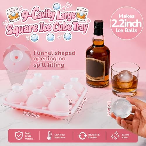 Large Ice Ball Mold, 9-Cavity Round Ice Cube Tray with Lid, 2.2inch Silicone ice Ball Tary for Freezer, BPA Free Circle Ice Cube Tray, Cocktail, Juice