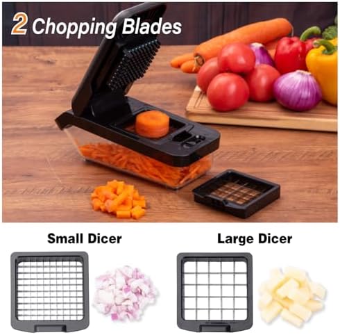 Vegetable Chopper, 10-in-1 Mandoline Slicer and Chopper with 10 Interchangeable Blades & Container, 304 Stainless Steel Press Lid, Onion Chopper, Potato Slicer, Julienne Cutter