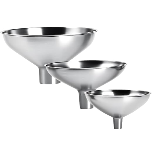 3-Piece Stainless Steel Kitchen Funnel Set, Includes 3 Sizes for transferring seasonings, Oils, Liquids, Dry Goods and Powders. Durable and Reusable, with Easy Cleaning.