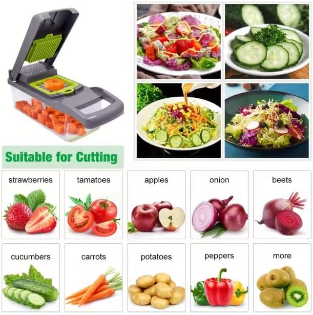 14-in-1 Vegetable Chopper with Container – Onion Chopper, Dicer, Slicer & Grater, Food Chopper with Stainless Steel Blades, BPA-Free, Easy Clean, Green