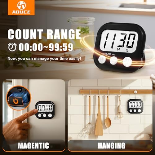 AOUCE Digital Kitchen Timers for Cooking, Timer for Kids 2 Pack Black