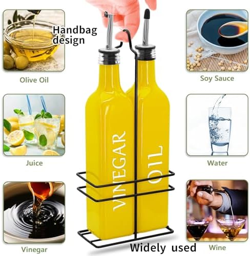 Farmhouse Oil and Vinegar Dispenser Set, 17 oz, beautiful olive oil dispenser, includes a black steel rack and a funnel, vintage cruets for vinegar and oil (Yellow)