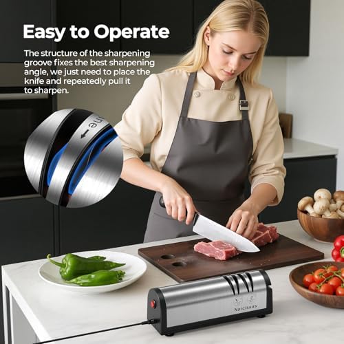 Narcissus Knife Sharpener, Professional 2 Stage Electric Knife Sharpener for Quick Sharpening & Polishing, with Scissors Sharpener and Metal Dust Collection Box, Stainless Steel, Silver